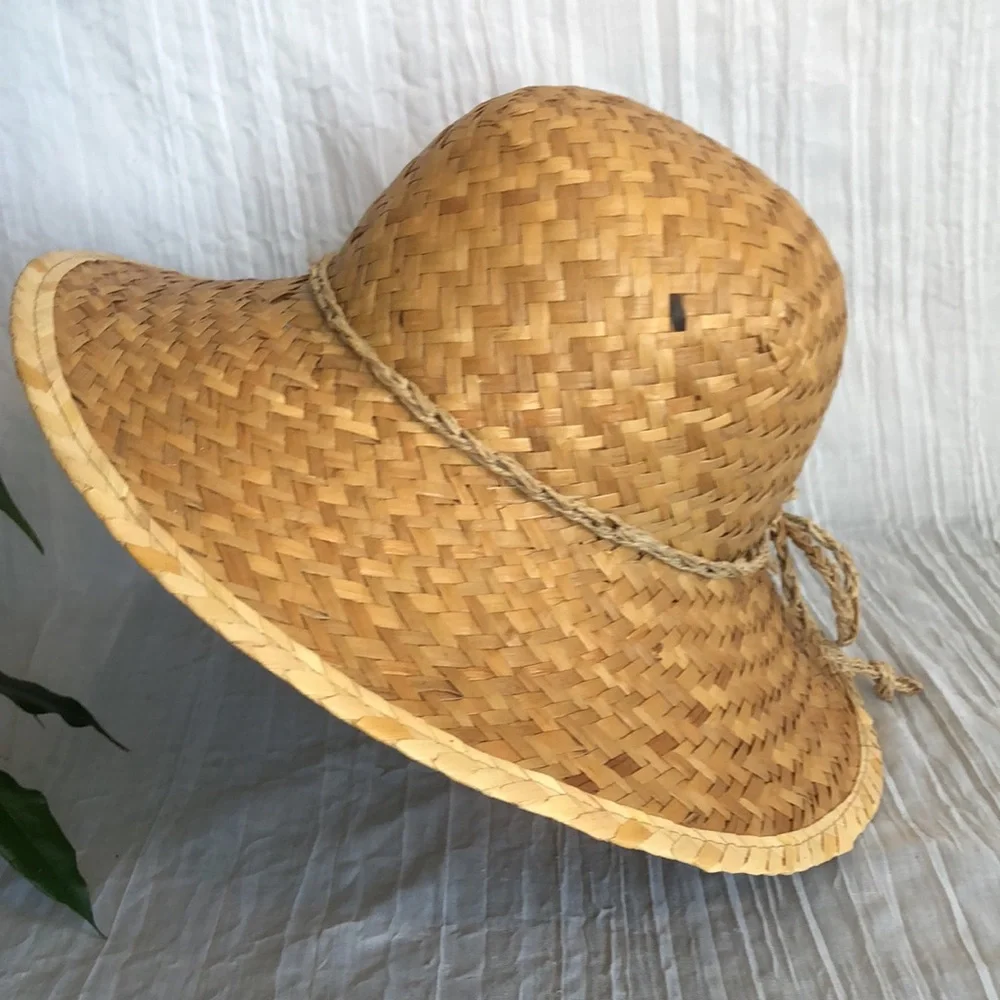 Women wicker thick weave medium brim summer sun hat w/rattan tie